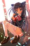  bad_id bad_pixiv_id baseball_bat black_hair blue_eyes blush bow hair_ornament holding light_particles little_busters! long_hair looking_at_viewer pink_bow sasasegawa_sasami school_uniform sitting skirt smile solo thighhighs white_legwear window yae_(mono110) 