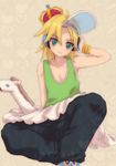  androgynous armpits baggy_pants blonde_hair bracelet collarbone crown dj_tsuyoshi green_eyes headphones indian_style jewelry looking_at_viewer male_focus minnku oj_tsuyoshi pants pop'n_music shoes sitting sneakers solo tank_top tsuyoshi visor_cap 