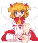  :d ascot barefoot blonde_hair blue_eyes blush fairy fairy_wings fang feet frills knee_up long_sleeves looking_at_viewer minnku open_mouth sitting smile soles solo sunny_milk tareme toes touhou twintails wings 