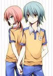  arms_behind_back blue_hair green_eyes highres inazuma_eleven_(series) inazuma_eleven_go kariya_masaki kirino_ranmaru lightning_bolt male_focus multiple_boys pink_hair raimon raimon_soccer_uniform soccer_uniform sportswear standing twintails yellow_eyes yuuki_arisu_(yuigi) 