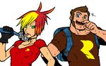  1boy 1girl :p ahoge backpack bag banjo-kazooie banjo_(banjo-kazooie) blonde_hair blue_eyes breasts brown_hair cleavage frown gloves green_eyes kazooie logo multicolored_hair oldwillow open_mouth personification rareware red_hair short_hair simple_background smile tongue tongue_out weapon white_background 