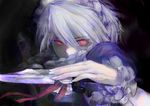  bow braid glowing glowing_eyes highres holding holding_knife hrd-n izayoi_sakuya knife looking_at_viewer maid maid_headdress nail_polish red_eyes ribbon silver_hair sketch slit_pupils solo touhou twin_braids weapon wrist_cuffs 