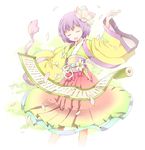  :d arm_up closed_eyes dress flower hair_flower hair_ornament hieda_no_akyuu ichizen_(o_tori) open_mouth petals purple_hair scroll short_hair skirt smile solo touhou wind 