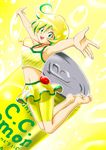  :d absurdres armpits barefoot bike_shorts blonde_hair buttons c.c._lemon can chenge-getter feet food fruit green_eyes green_hair highres jewelry jumping lemon looking_at_viewer multicolored_hair navel necklace open_mouth outstretched_arms short_hair skin_tight skirt smile soda_can soles solo tank_top text_focus toes translated two-tone_hair 