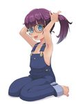  1girl :p adjusting_hair armpits ashinoura bare_shoulders barefoot blue_eyes child dr._slump glasses looking_at_viewer naked_overalls norimaki_arale overalls pixiv_10890194 purple_hair simple_background sitting smile solo tongue tongue_out wariza white_background 