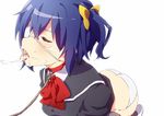  bdsm black_legwear blue_hair blush bondage bound chuunibyou_demo_koi_ga_shitai! closed_eyes collar cum cum_string facial leash long_hair mochi_hanpen one_side_up open_mouth panties simple_background slave solo takanashi_rikka thighhighs underwear white_background white_panties 