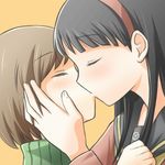  amagi_yukiko black_hair brown_hair closed_eyes hairband hand_on_another's_face kiss long_hair multiple_girls persona persona_4 rate_rapiku satonaka_chie school_uniform short_hair upper_body yuri 