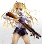  bandages blonde_hair blood blue_eyes cuts from_below glass_shards gun gunslinger_girl holding injury long_hair looking_at_viewer navel shorts shotgun solo thighs triela twintails weapon winchester_model_1897 yuzu_5101 