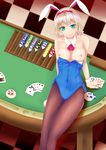  1girl alice_margatroid animal_ears aqua_eyes breasts bunny_ears card cards checkers cleavage female hairband highres nipples pantyhose table touhou waado_(shissouheki) 