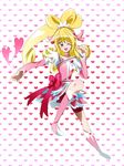  aida_mana blonde_hair boots bow cure_heart dokidoki!_precure hair_ornament half_updo heart heart_hair_ornament knee_boots long_hair magical_girl niack_(hasurja) one_eye_closed open_mouth pink_bow pink_eyes pink_footwear pink_sleeves ponytail precure smile solo 
