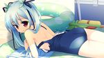  aete_mushisuru_kimi_to_no_mirai ass bare_shoulders beach_towel blue_hair cooler game_cg hair_ribbon innertube long_hair lying on_stomach one-piece_swimsuit red_eyes ribbon sawatari_nanagi school_swimsuit smile solo strap_slip swimsuit swimsuit_pull takoyaki_(roast) towel twintails water_gun 