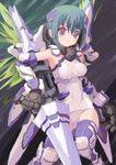  blue_hair blue_legwear bob_cut breasts densou_tenshi_valforce elbow_gloves gloves hair_ornament huge_weapon kannagi_ai lance mecha_musume mechanical_arms one-piece_swimsuit polearm red_eyes rudorufu school_swimsuit short_hair small_breasts solo swimsuit thighhighs thrusters weapon white_swimsuit 