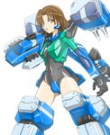  arm_cannon black_swimsuit brown_eyes brown_hair crotch_plate densou_tenshi_valforce gloves karukan_(monjya) mecha_musume mechanical_arms one-piece_swimsuit over_shoulder short_hair solo swimsuit tsukikage_ayaka weapon weapon_over_shoulder 