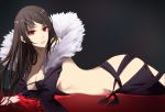  1girl ass bangs bare_shoulders black_dress black_hair black_jacket breasts consort_yu_(fate) dress fate/grand_order fate_(series) from_side fur-trimmed_jacket fur_trim jacket large_breasts long_hair long_sleeves looking_at_viewer lying odya on_stomach parted_lips red_eyes revealing_clothes strapless strapless_dress very_long_hair wide_sleeves 