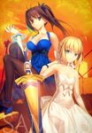  ahoge aozaki_aoko artoria_pendragon_(all) avalon_(fate/stay_night) bare_shoulders black_legwear blonde_hair blue_dress blue_eyes bow bracelet breasts brown_hair choker cleavage collaboration dress elbow_gloves excalibur fate/stay_night fate_(series) gloves green_eyes hair_bow hair_ribbon halterneck high_heels jewelry koyama_hirokazu light_smile long_dress long_hair magic magic_circle mahou_tsukai_no_yoru medium_breasts multiple_girls pantyhose power_lines ribbon ribbon_choker saber sheath sheathed shoes side_ponytail sitting small_breasts smirk strapless strapless_dress sunset sword takeuchi_takashi telephone_pole transformer twintails type-moon weapon white_dress white_gloves 