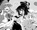  blush closed_eyes greyscale hat hinanawi_tenshi long_hair maribel_hearn monochrome multiple_girls nibi short_hair smile touhou usami_renko 