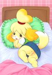  artist_request bed blonde_hair blue_eyes blush breasts canine dog doubutsu_no_mori fat_mons female furry hair hairband inside isabelle_(animal_crossing) kamekichi looking_at_viewer looking_back lying mammal nintendo on_side open_mouth pillow plump_labia pussy raised_tail shizue shizue_(animal_crossing) shizue_(doubutsu_no_mori) skirt solo translation_request video_games 