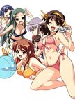  asahina_mikuru asakura_ryouko bikini blue_eyes blue_hair breasts brown_eyes brown_hair camera cleavage collarbone erect_nipples fang green_hair kizaki kyon_no_imouto long_hair nagato_yuki navel open_mouth purple_hair sandals short_hair side-tie_bikini simple_background suzumiya_haruhi suzumiya_haruhi_no_yuuutsu swimsuit tsuruya very_long_hair wink yellow_eyes 