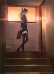  arms_behind_back bag door kujikawa_rise long_hair makacoon miniskirt persona persona_4 purple_hair school_bag school_uniform skirt solo stairs sunset thighhighs twintails yasogami_school_uniform zettai_ryouiki 