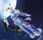  animal_ears bad_id bad_pixiv_id black_legwear blonde_hair blue_eyes cat_ears eila_ilmatar_juutilainen flying fox_ears fox_tail gun hirschgeweih_antennas long_hair moon multiple_girls necktie night night_sky pantyhose rifle sanya_v_litvyak short_hair silver_hair sky star_(sky) starry_sky strike_witches striker_unit tail weapon white_legwear world_witches_series yone 