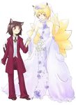  alternate_costume animal_ears blonde_hair bride cat_ears cat_tail chen contemporary dress earrings formal fox_ears fox_tail jewelry multiple_girls multiple_tails pant_suit satou suit tail touhou wedding_dress wife_and_wife yakumo_ran yuri 