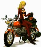  1girl big_boss blonde_hair breasts eva_(mgs) eyepatch faux_traditional_media goggles ground_vehicle isomine long_hair medium_breasts metal_gear_(series) metal_gear_solid metal_gear_solid_3 motor_vehicle motorcycle naked_snake 