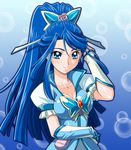  adjusting_hair blue blue_background blue_eyes blue_hair breasts bubble butterfly_hair_ornament cure_aqua detached_sleeves earrings eyelashes flower hair_ornament hair_ribbon jewelry long_hair magical_girl medium_breasts minazuki_karen muhi11234 pink_flower pink_rose ponytail precure ribbon rose solo wide_ponytail yes!_precure_5 