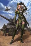  aircraft blonde_hair cloud day ground_vehicle gun helicopter high_heels long_hair military military_vehicle motor_vehicle neongun original pink_eyes rifle shoes sky soldier solo tank thighhighs weapon 