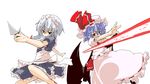  blue_hair hat izayoi_sakuya knife maid multiple_girls polearm remilia_scarlet ribbon sasurai short_hair silver_hair spear spear_the_gungnir touhou weapon wings 