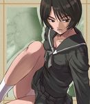  black_eyes black_hair bob_cut haruyama_kazunori juuni_kokuki panties pantyshot school_uniform serafuku short_hair skirt solo sugimoto_yuka underwear 