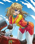  belt blonde_hair blue_eyes bodysuit boots cloud day gloves ground_vehicle happy maria_grace_fleed motor_vehicle motorcycle multicolored multicolored_bodysuit multicolored_clothes pilot_suit pipipi red_bodysuit sky smile solo teeth thigh_boots thighhighs ufo_robo_grendizer yellow_bodysuit 