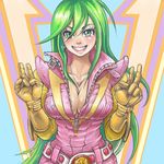  belt blush bodysuit breasts choudenji_robo_combattler_v cleavage earrings gloves green_eyes green_hair grin image_sample jewelry large_breasts lipstick long_hair makeup md5_mismatch nanbara_chizuru necklace pilot_suit pipipi pixiv_sample smile solo teeth zipper 