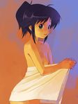  andou_mahoro bare_shoulders black_hair breasts collarbone faux_traditional_media green_eyes kizaki looking_at_viewer mahoromatic multicolored multicolored_background naked_towel nipples short_hair simple_background small_breasts solo standing towel 