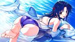  ass barefoot black_eyes blue_hair cradle_(artist) dolphin feet game_cg inflatable_raft jpeg_artifacts koga_sayoko long_hair misaki_kurehito non-web_source one-piece_swimsuit soles solo suiheisen_made_nan_mile? swimsuit 