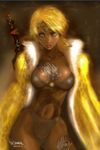  2006 bikini blonde_hair blue_eyes breasts brown brown_background circlet cleavage coat copyright_request dark_skin dated grey_bikini large_breasts nakazawa_kazuto short_hair signature solo swimsuit sword tattoo weapon 