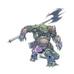  absurdres armor armpits axe brave_story brave_story:_aratanaru_tabibito claws green_skin halberd highres horns huge_weapon lizard loincloth male_focus monster muscle official_art polearm scales simple_background sogreth solo standing tail weapon yasuda_akira 