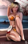  2004 beach bikini blonde_hair blood heather_mason highres ivan_flores lake md5_mismatch orange_bikini outdoors pyramid_head shark sign silent_hill silent_hill_2 silent_hill_3 swimsuit water yellow_eyes 