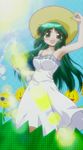  dress flower green_eyes green_hair hat hidamari_sketch highres hose long_hair screencap solo stitched sunflower third-party_edit yoshinoya 