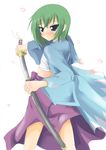 blue_eyes blush green_hair iwasaki_minami kuroinu_(sonoba_shinogi) lucky_star short_hair solo sword weapon 