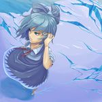  adjusting_hair blue_eyes blue_hair bow cirno dress from_above hair_bow ice neck_ribbon no_wings ratsunagina ribbon short_hair solo touhou water 