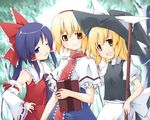  ;d alice_margatroid apron blonde_hair book braid brown_eyes grimoire grimoire_of_alice hair_tubes hakurei_reimu hat head_tilt highres kirisame_marisa looking_at_viewer multiple_girls one_eye_closed open_mouth sakuraba_yuuki sidelocks single_braid smile touhou waist_apron witch_hat 