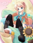  blonde_hair blue_eyes boots esia_mariveninne flower komone_ushio original pantyhose school_uniform serafuku solo sunflower 