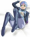  bed blue_hair bodysuit boots green_eyes lipstick lying makeup muhi11234 ryss short_hair solo thigh_boots thighhighs zoids zoids_chaotic_century 