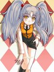  argyle argyle_background bent_over black_legwear blush ebi_tendon highres hoshino_ruri kidou_senkan_nadesico kneehighs long_hair looking_at_viewer necktie panties panty_pull pencil_skirt silver_hair skirt solo twintails underwear undressing very_long_hair vest white_panties yellow_eyes 