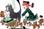  black_hair braid fang golden_pe_done kaenbyou_rin long_hair multiple_girls red_hair reiuji_utsuho running touhou twin_braids wheelbarrow 