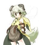  armlet artist_request blush cloak cowboy_shot dogboy faulklin hood hood_down hooded_cloak looking_at_viewer male_focus shining_(series) shining_force_exa shorts silver_hair simple_background solo standing white_background 