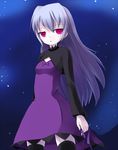  alternate_hairstyle darker_than_black dress hair_down kuro_(be_ok) long_hair purple_dress solo thighhighs yin 