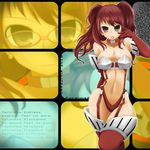  boots breasts brown_eyes choker cleavage cosplay earrings elbow_gloves glasses gloves high-cut_armor jewelry kujikawa_rise large_breasts mizuno_kakeru navel persona persona_3 persona_4 red_hair solo takeba_yukari takeba_yukari_(cosplay) thigh_boots thighhighs twintails zoom_layer 