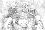  3boys artist_request closed_eyes collet_brunel cooking food genius_sage greyscale knife kratos_aurion lloyd_irving long_hair monochrome multiple_boys multiple_girls refill_sage tales_of_(series) tales_of_symphonia 