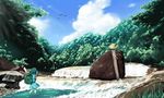  bag blue_hair chiro_(suzuka98) eyes forest hat kawashiro_nitori kochiya_sanae moriya_suwako nature onbashira scenery short_hair solo touhou two_side_up yasaka_kanako 